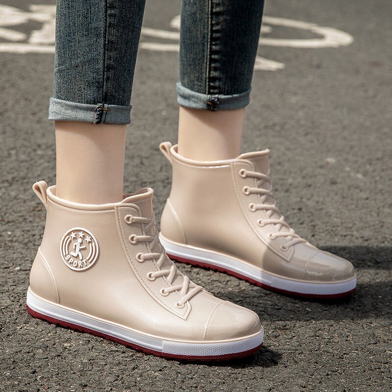 New Anti-odor Waterproof Rain Shoes For Women Designer Red Bottom Lace Up Ankle Rain Boots Woman Galoshes Soft Rainshoes Booties