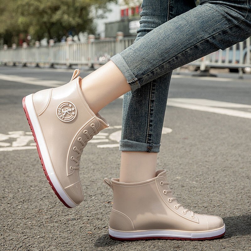 New Anti-odor Waterproof Rain Shoes For Women Designer Red Bottom Lace Up Ankle Rain Boots Woman Galoshes Soft Rainshoes Booties