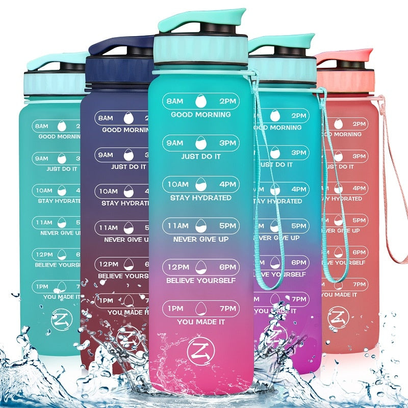 ZOMAKE 32oz Motivational Water Sport Bottle with Time Marker Leakproof BPA Free Fruit 1 Liter Travel Kettle Drinking Water Bottl