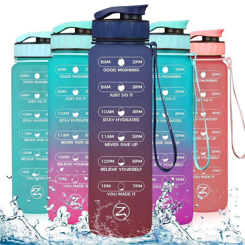 ZOMAKE 32oz Motivational Water Sport Bottle with Time Marker Leakproof BPA Free Fruit 1 Liter Travel Kettle Drinking Water Bottl