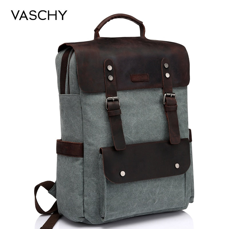 VASCHY Leather Laptop Backpack Travel Leisure Casual Canvas Campus School Rucksack with 15.6 Inch Laptop Compartment