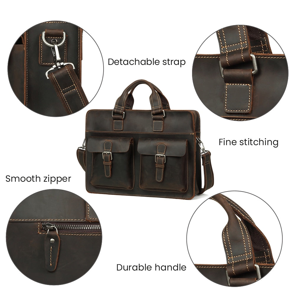 JOYIR 2023 Vintage Men's Genuine Leather Briefcase Crazy Horse Leather Messenger Bag Male 15.6" Laptop Bag  Business Travel Bag