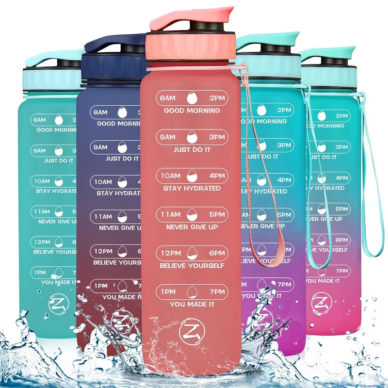 ZOMAKE 32oz Motivational Water Sport Bottle with Time Marker Leakproof BPA Free Fruit 1 Liter Travel Kettle Drinking Water Bottl