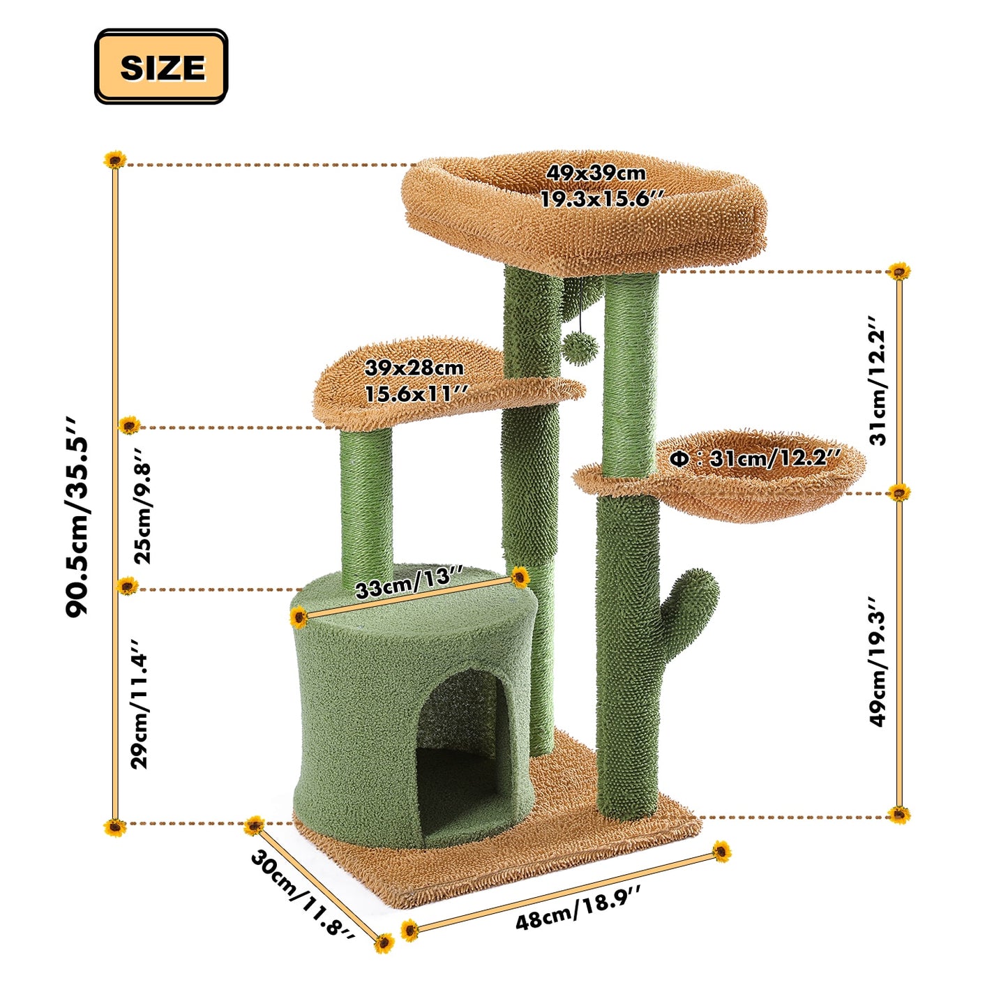 Cactus Cat Tree Cat Tower with Sisal Scratching Post Board for Indoor Cats Cat Condo Kitty Play House with Perch Basket Toy