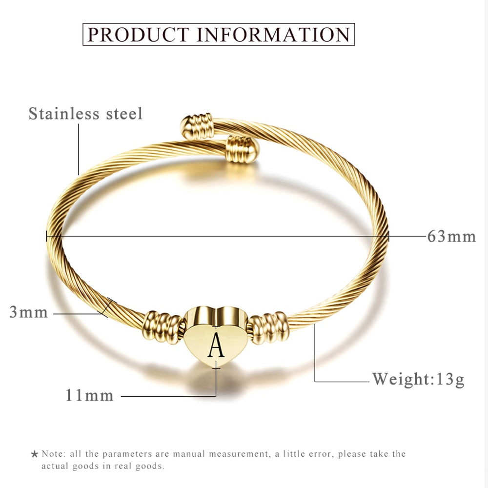 Fashion Girls Gold Color Stainless Steel Heart Bracelet Bangle With Letter Fashion Initial Alphabet Charms Bracelets For Women