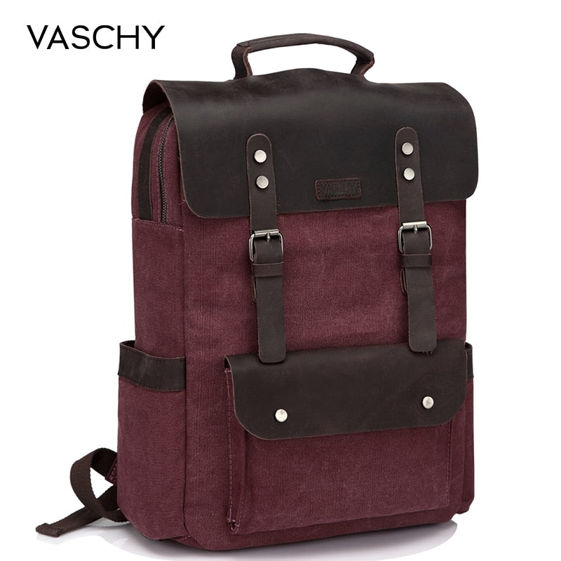 VASCHY Leather Laptop Backpack Travel Leisure Casual Canvas Campus School Rucksack with 15.6 Inch Laptop Compartment