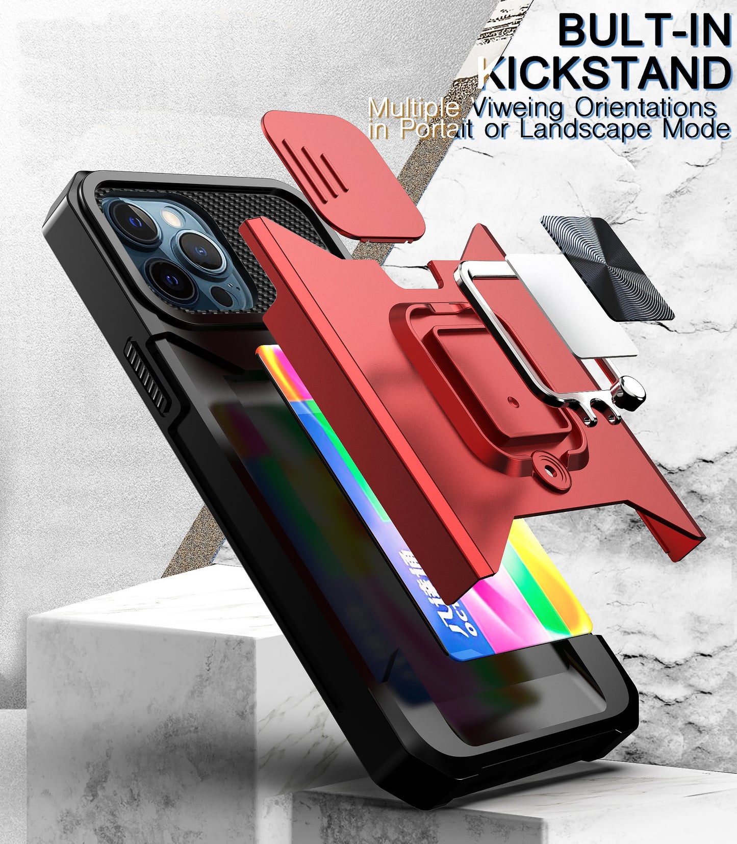 for iPhone 13 12 11 Pro Max Case, Kickstand with Slide Camera, Built-in 360 Rotate Ring Stand Magnetic Card Slot Credit Cover