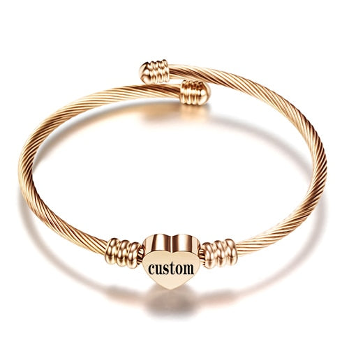 Fashion Girls Gold Color Stainless Steel Heart Bracelet Bangle With Letter Fashion Initial Alphabet Charms Bracelets For Women