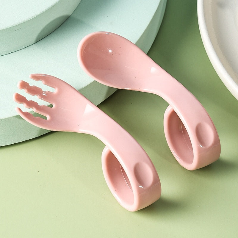 Children Learn To Eat Training Spoon Kids Feeding Utensil Toddler Cutlery Infant Food Ringed Curved Handle Baby Spoon and Fork