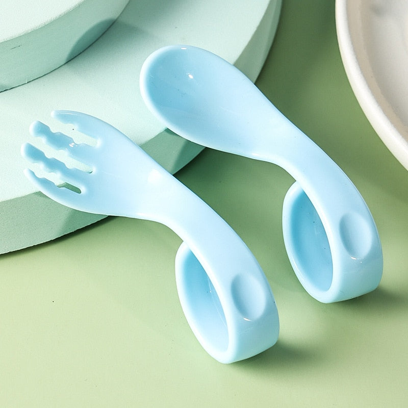 Children Learn To Eat Training Spoon Kids Feeding Utensil Toddler Cutlery Infant Food Ringed Curved Handle Baby Spoon and Fork