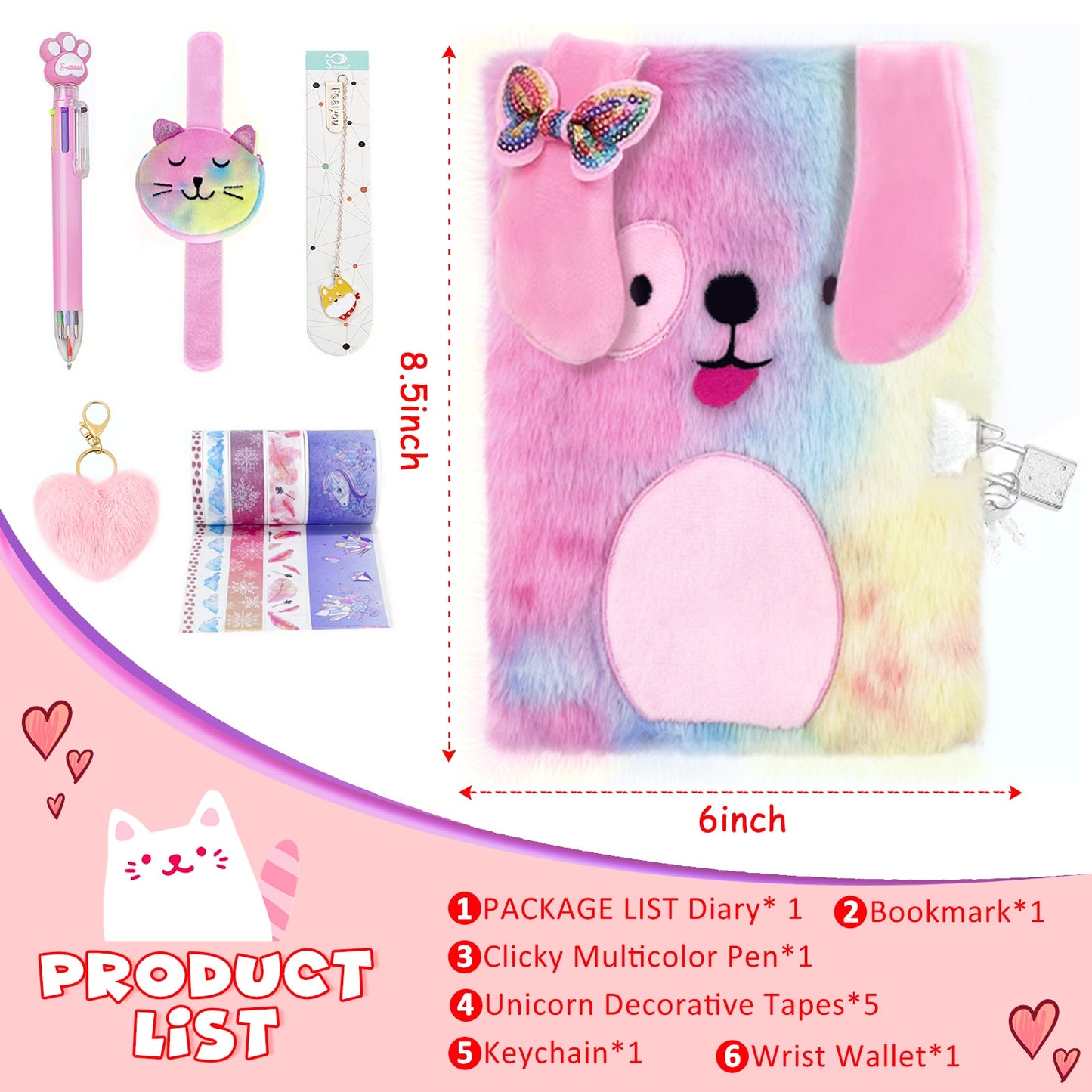 Cute Plush Cat Diary With Lock And Key For Kids Girls Gift Dog Animals Journal Notebook Student School Stationery A5 Notepad