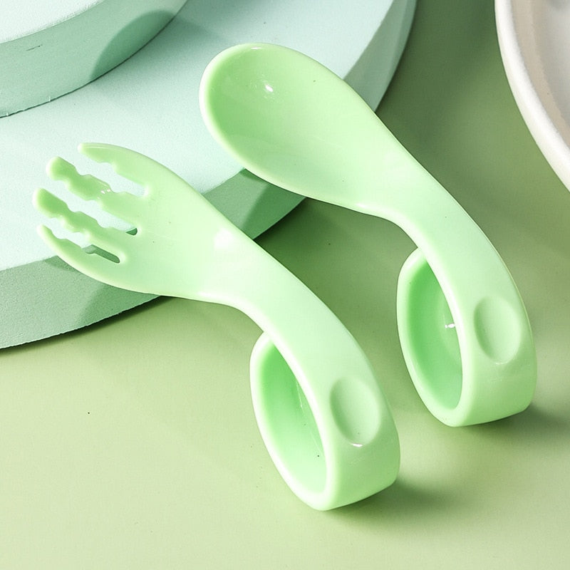 Children Learn To Eat Training Spoon Kids Feeding Utensil Toddler Cutlery Infant Food Ringed Curved Handle Baby Spoon and Fork