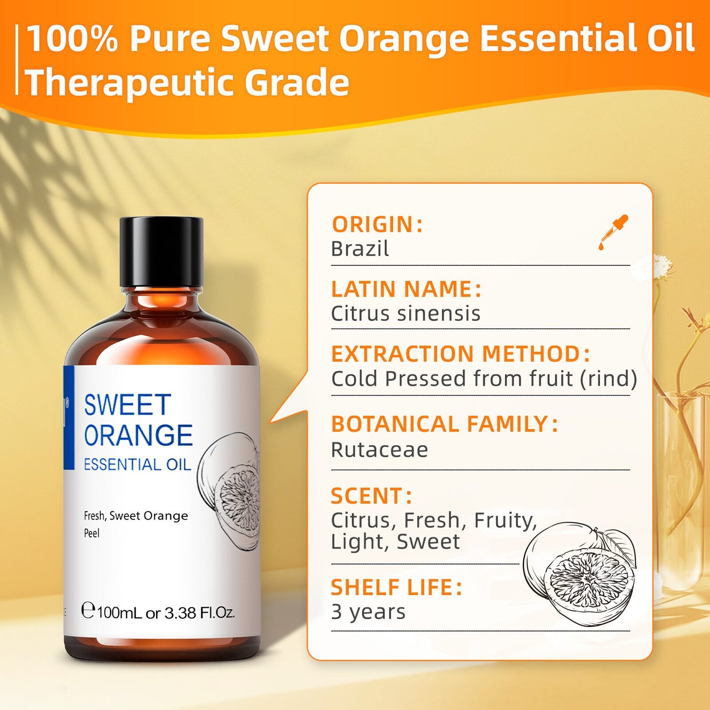 HIQILI 100ML Sweet Orange Essential Oils,100% Pure Nature for Aromatherapy | Used for Diffuser，Humidifier，Massage | Fresh air